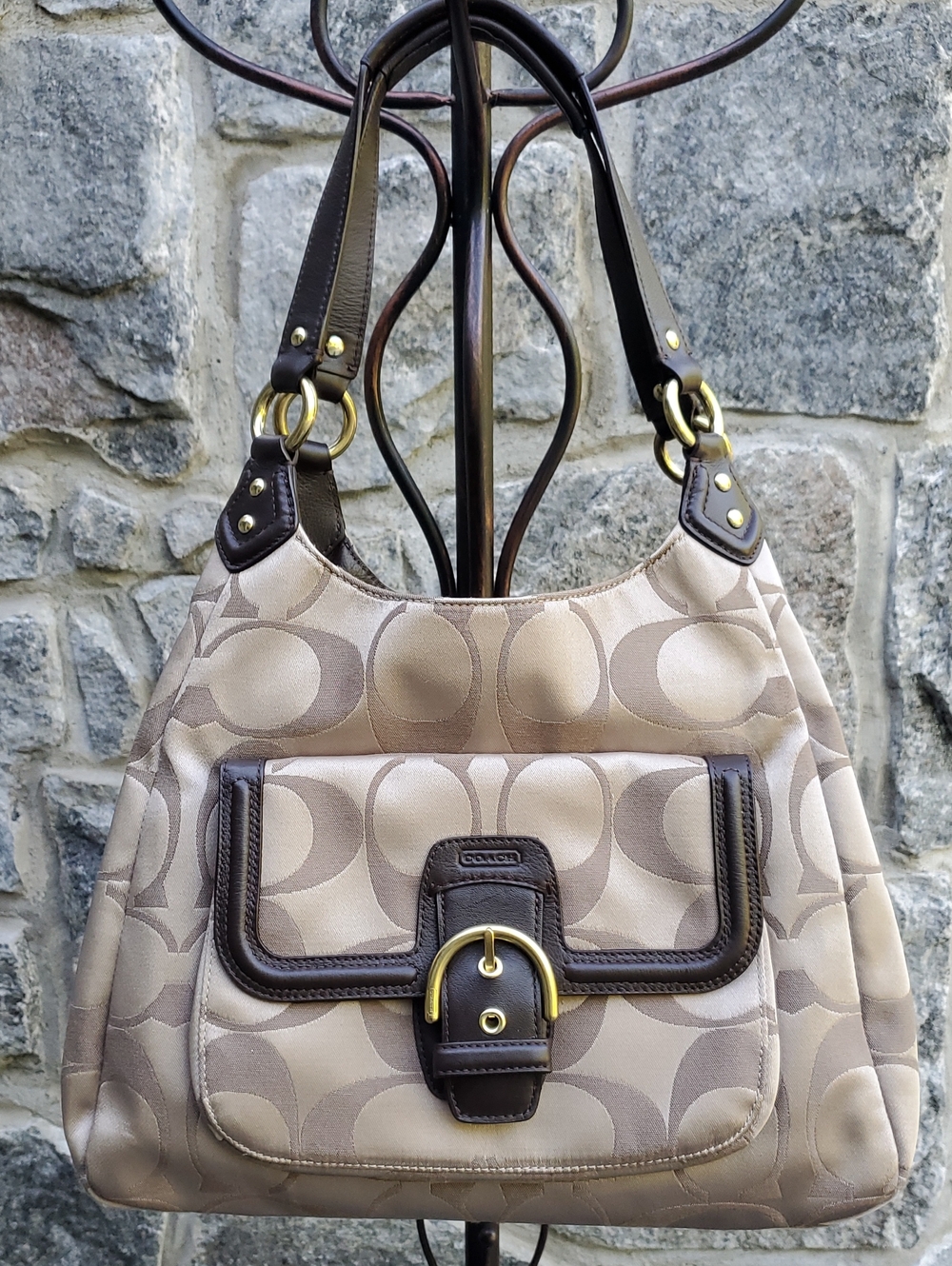 Coach Beige Signature Canvas Shoulder Bag with Dark Brown Trim and Gold Hardware